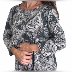 Women’s Black And White 3/4 Long Sleeve Paisley Print Tunic Size L Large Blouse